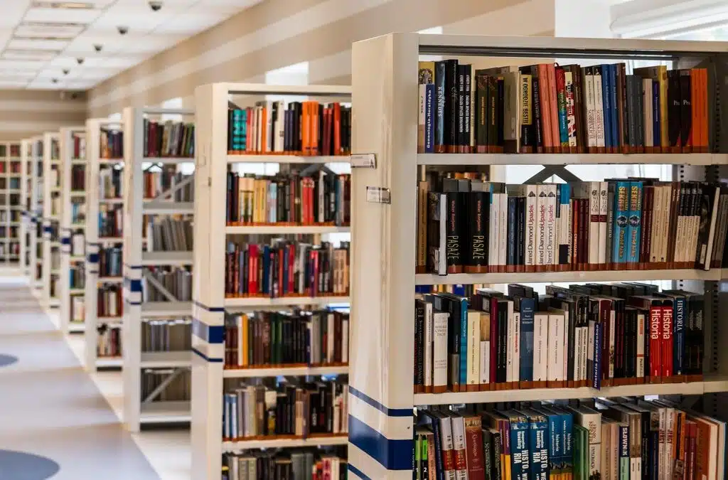 Books on shelves inside a school library