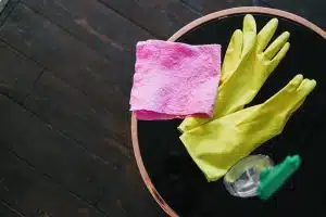 cleaning gloves and a cloth